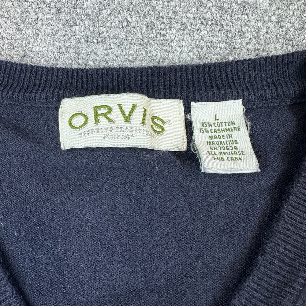 Orvis Sweater Men's Size L Navy Blue V Neck Pullover Cotton Cashmere Blend - Picture 5 of 6